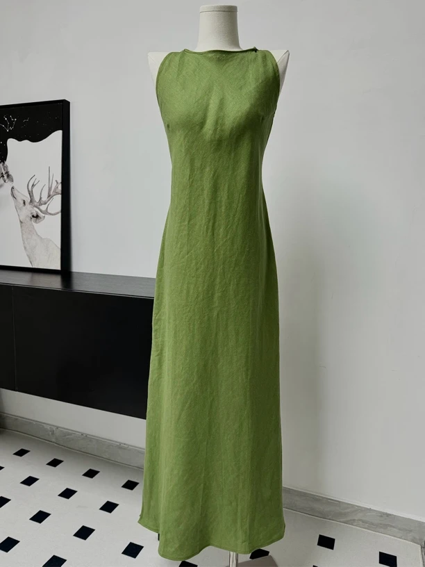 《No退换》断码理仓 亚麻无袖连衣裙绿色度假裙