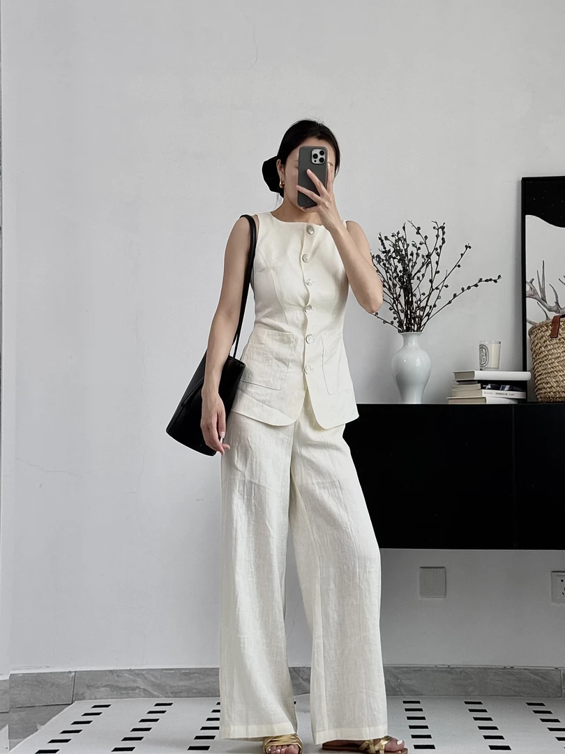 《No退换》100%雨露亚麻马甲直筒裤套装