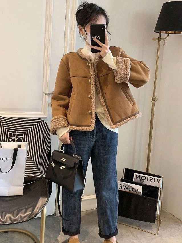 皮毛一体香风外套女2025冬季新款韩版小个子短款加绒仿羊羔毛洋气