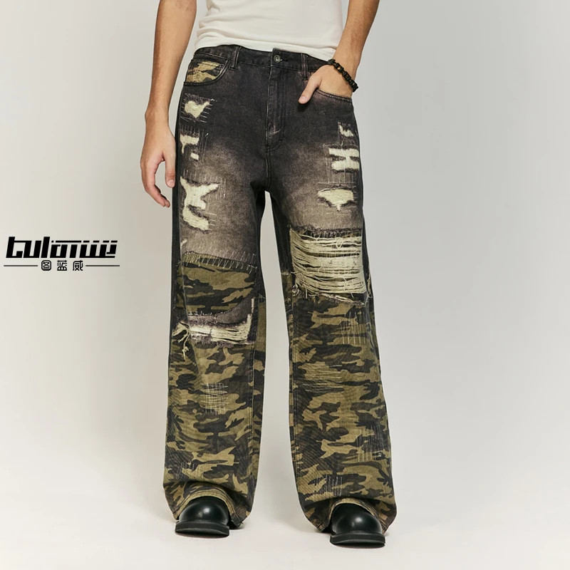 秋冬新款美式高街休闲裤小众男女数码印花宽松潮流时尚休闲牛仔裤