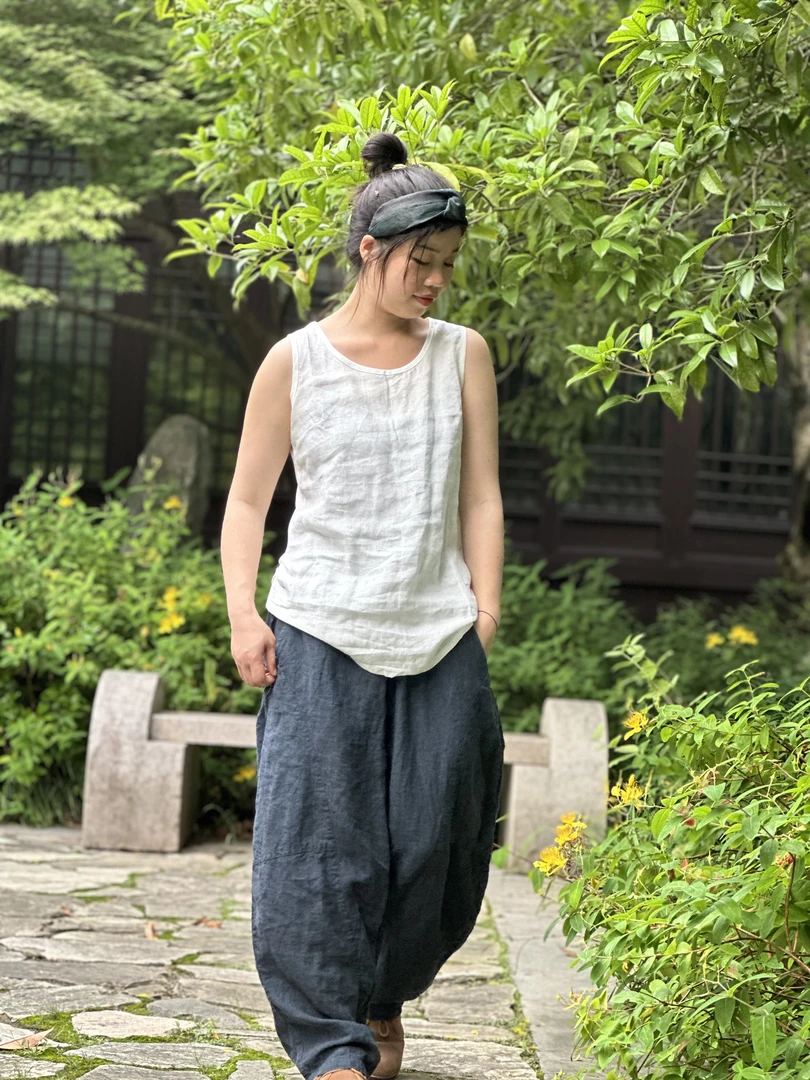 昔玙15 舒适百搭简约亚麻拼接棉白色无袖背心前长66后长63胸围92