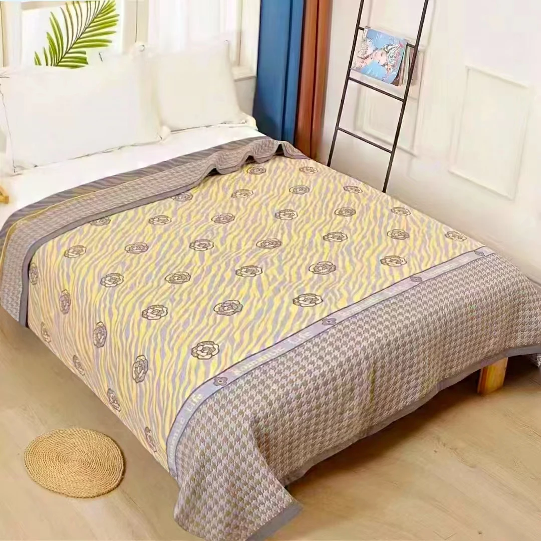 【千鸟格玫瑰】200*230精梳棉亚麻盖毯毛巾被多功能亲肤床盖休闲毯