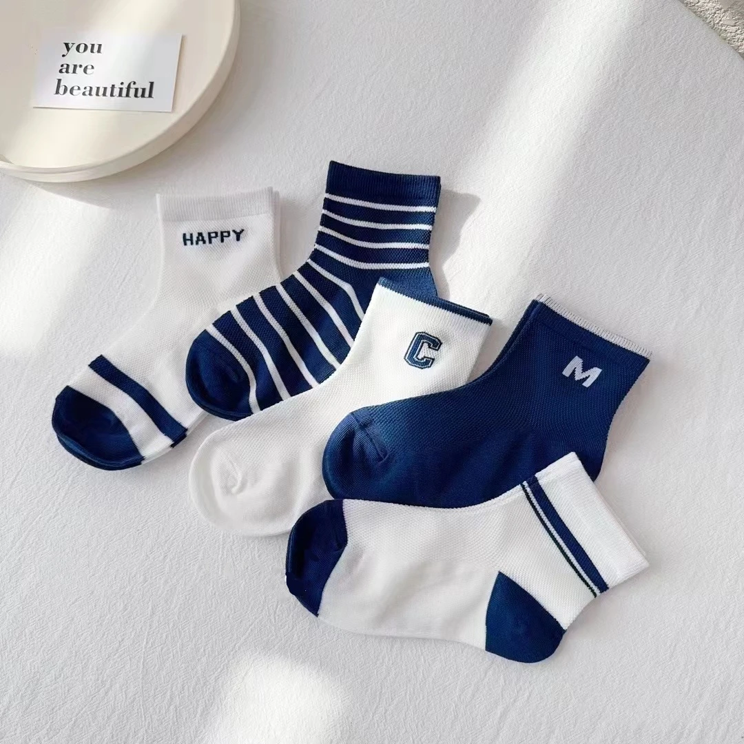 儿童袜子 春夏 百搭棉短筒 卡通条纹无骨袜 透气网眼