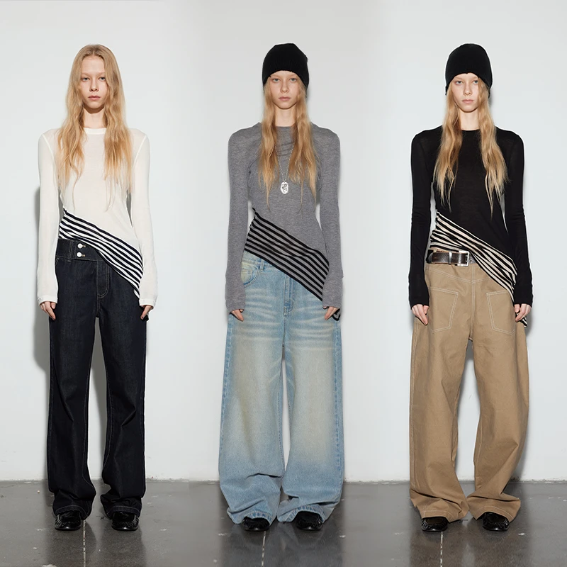 BOLD italic 条纹拼接不对称斜摆天丝羊毛长袖打底衫 TP0906327