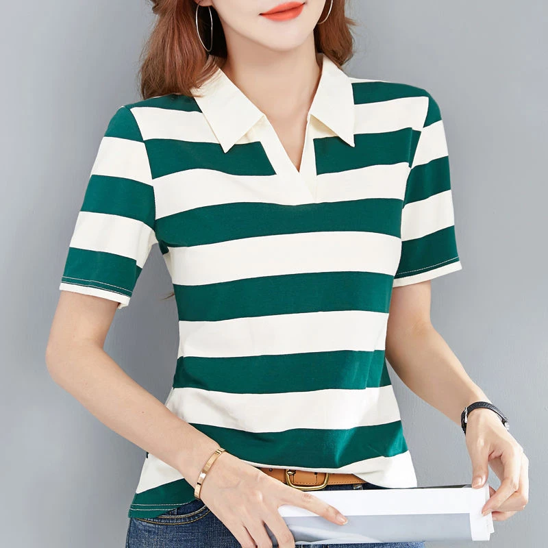 条纹t恤女装短袖夏季宽松POLO领百搭翻领半袖设计感小众上衣潮