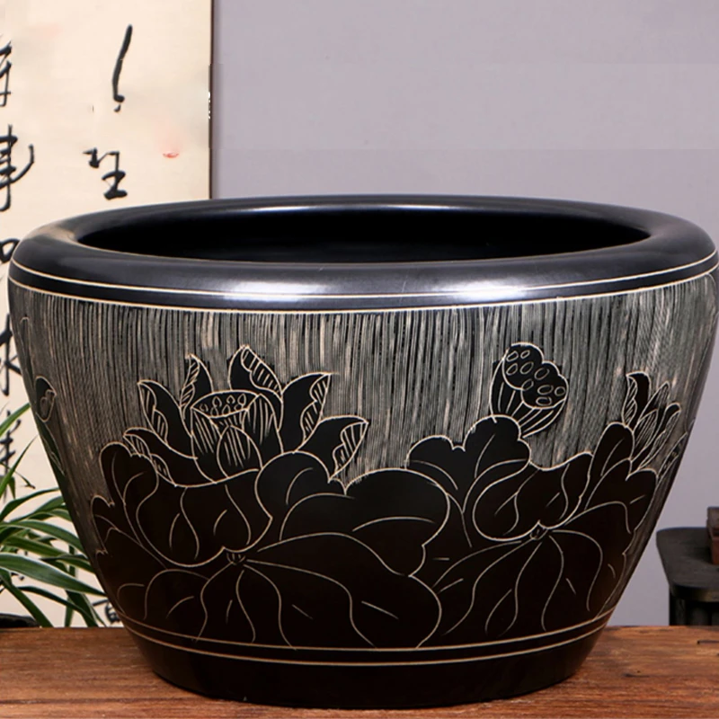 《拉丝黑荷38*24cm》景德镇陶瓷缸养鱼养荷手工手绘雕刻桌面摆件