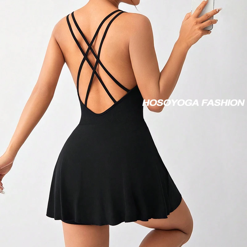 夏季新款瑜伽连衣裙无袖显瘦美背夏季露背裙子时尚女士运动裙欧美