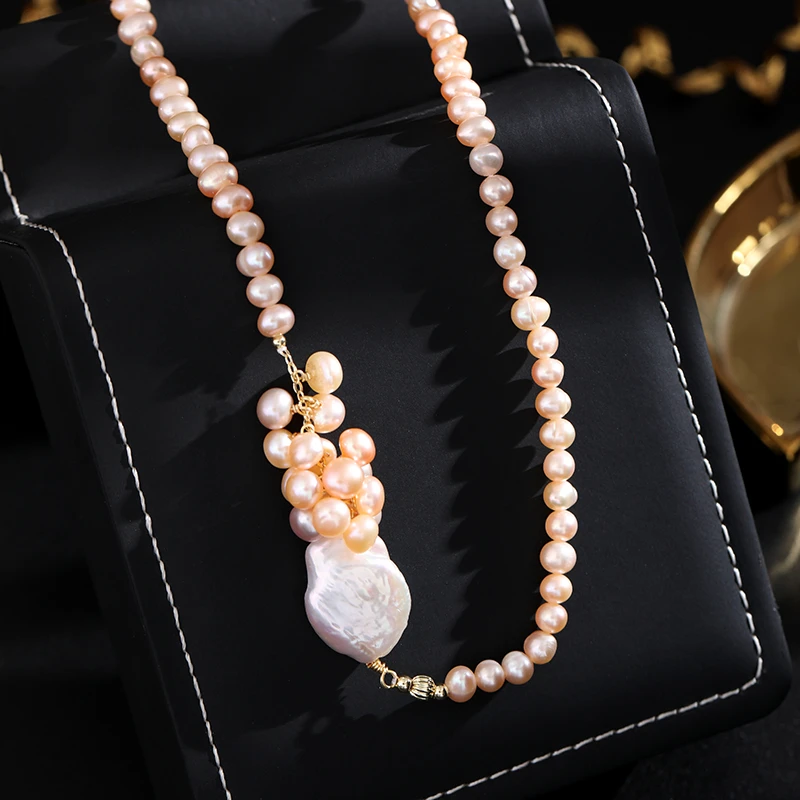 铜合金项链 《货号7418》甜美温柔风粉色珠珠项链