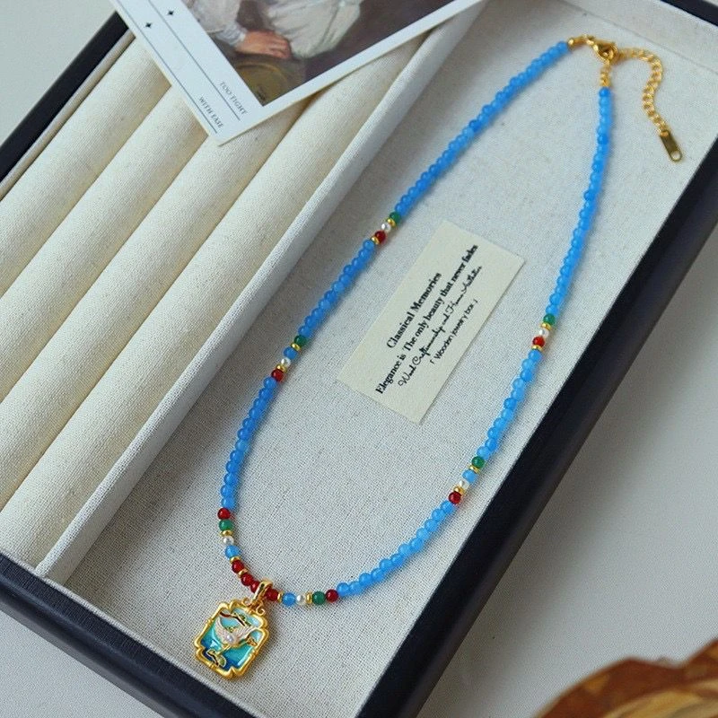 铜合金项链 《货号7746》新中式仙鹤油画吊坠蓝色串珠项链