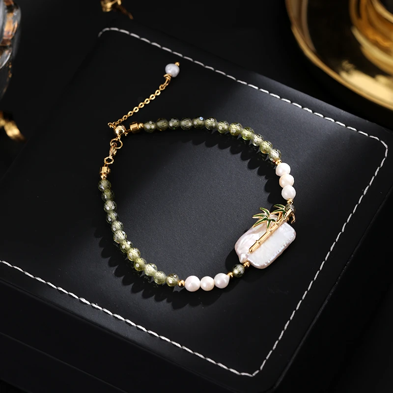 铜合金手链 《货号7622》小众设计高级感竹叶青异性珠串珠手链