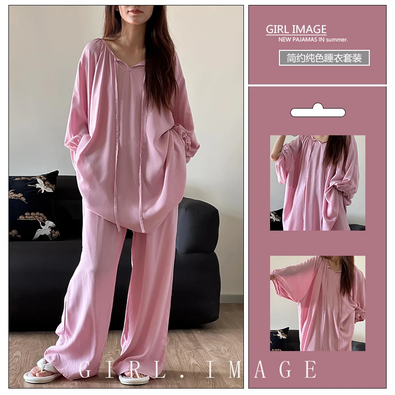 2024年高能感粉色七分袖睡衣女款春秋季舒适亲肤家居服套装可外穿