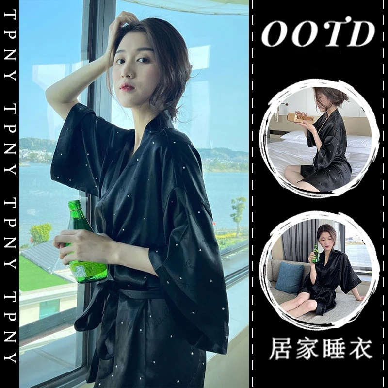 法式高级波点印花冰丝舒适长袖睡裙夏季新款亲肤裸感可外穿居家服