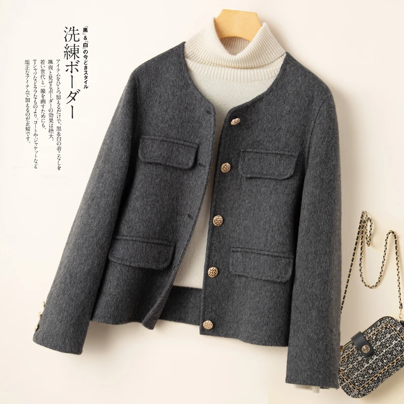 羊毛小香风双面呢短款圆领毛呢外套