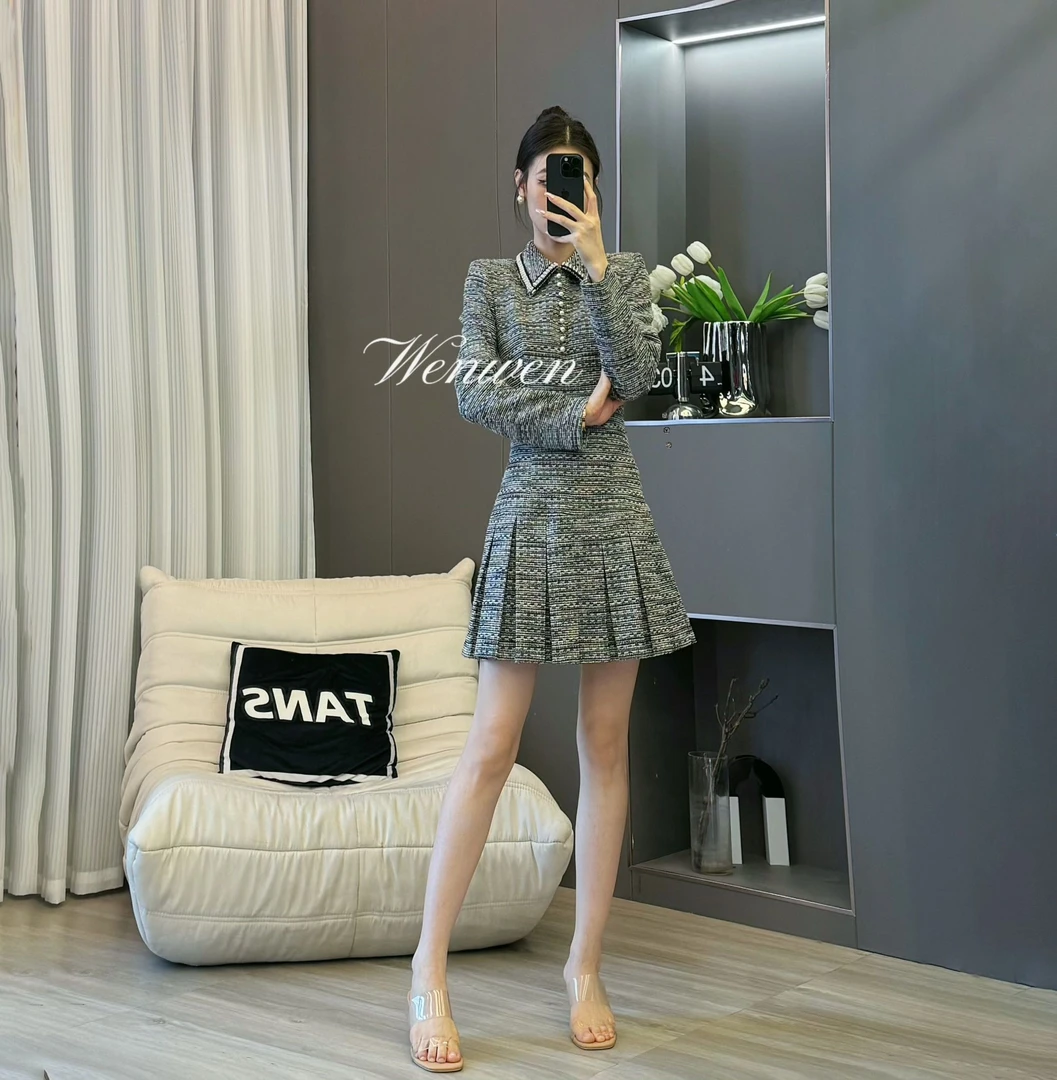 现货 TANS【早秋新品】法式小香风连衣裙秋季小众设计感气质短裙