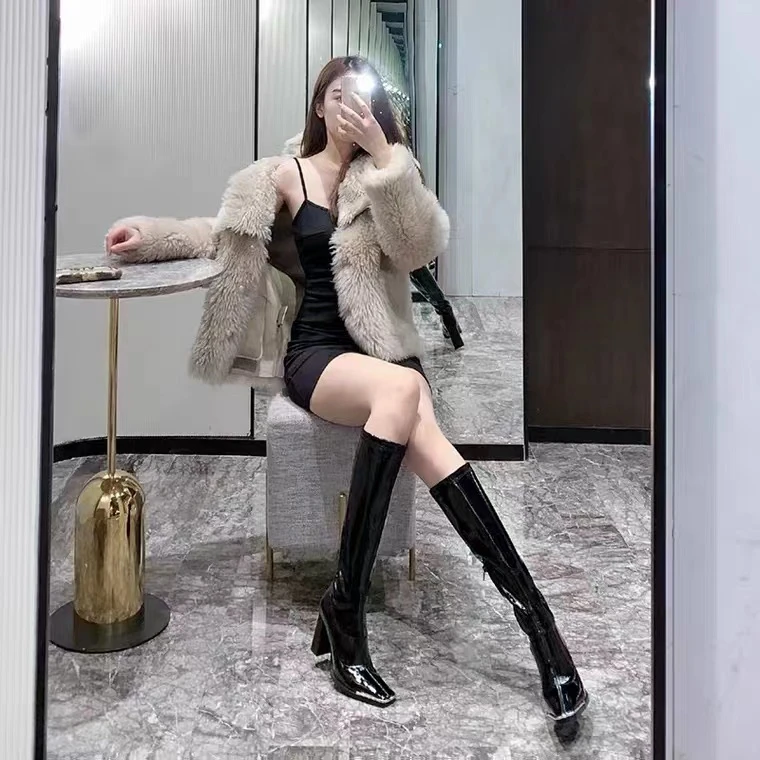 现货 TANS【骑士靴】高跟骑士靴粗跟长筒靴子漆皮金属方头高靴女