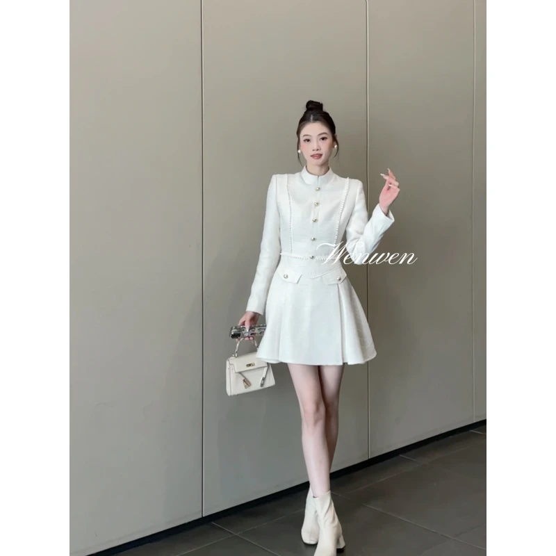 现货 TASN【冬日恋歌】显瘦气质长袖白色复古法式收腰秋冬连衣裙