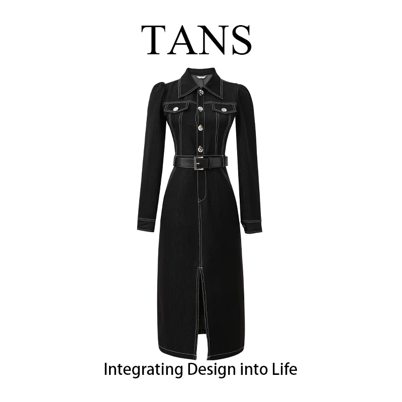 TANS【早秋新品】显瘦气质牛仔洋气高腰时尚秋季开叉连衣裙