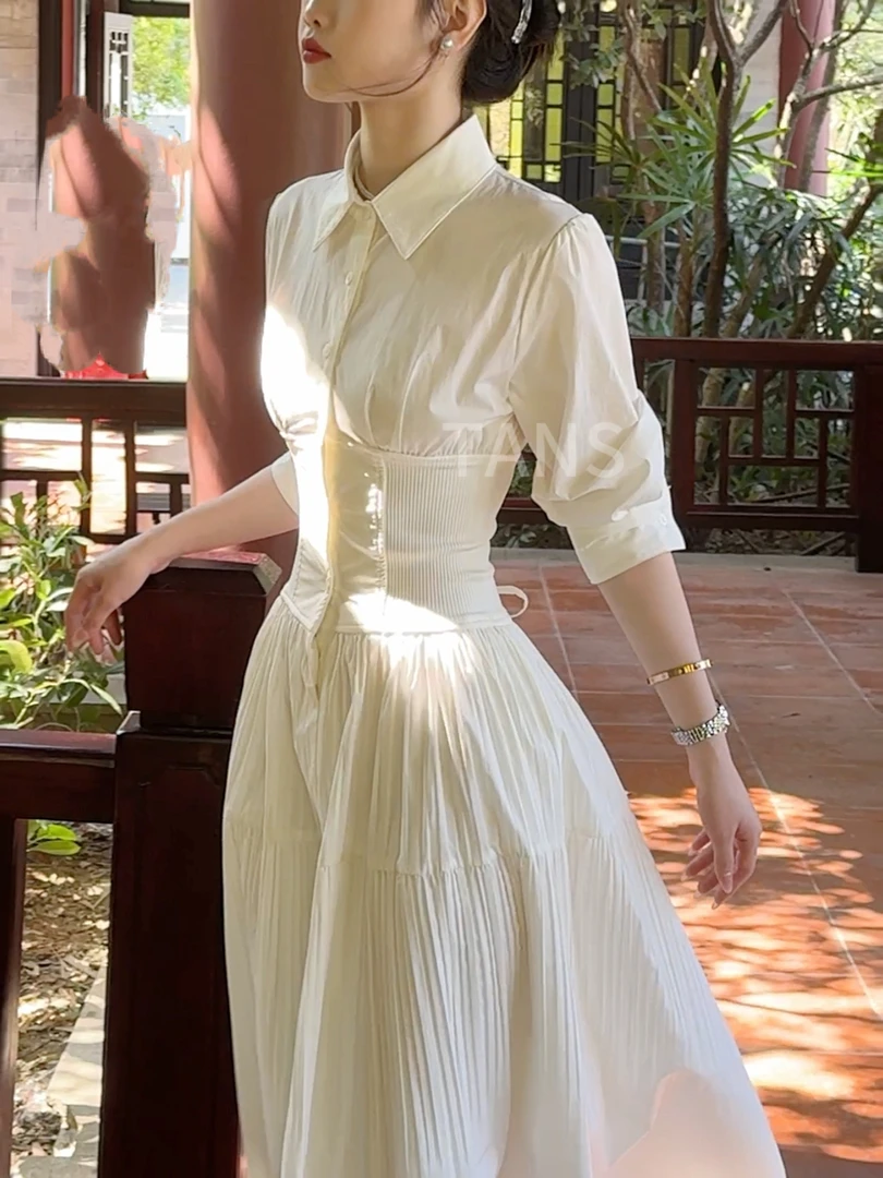 现货 TANS【早春新品】早春七分袖衬衫连衣裙后背弹力打揽掐腰显瘦