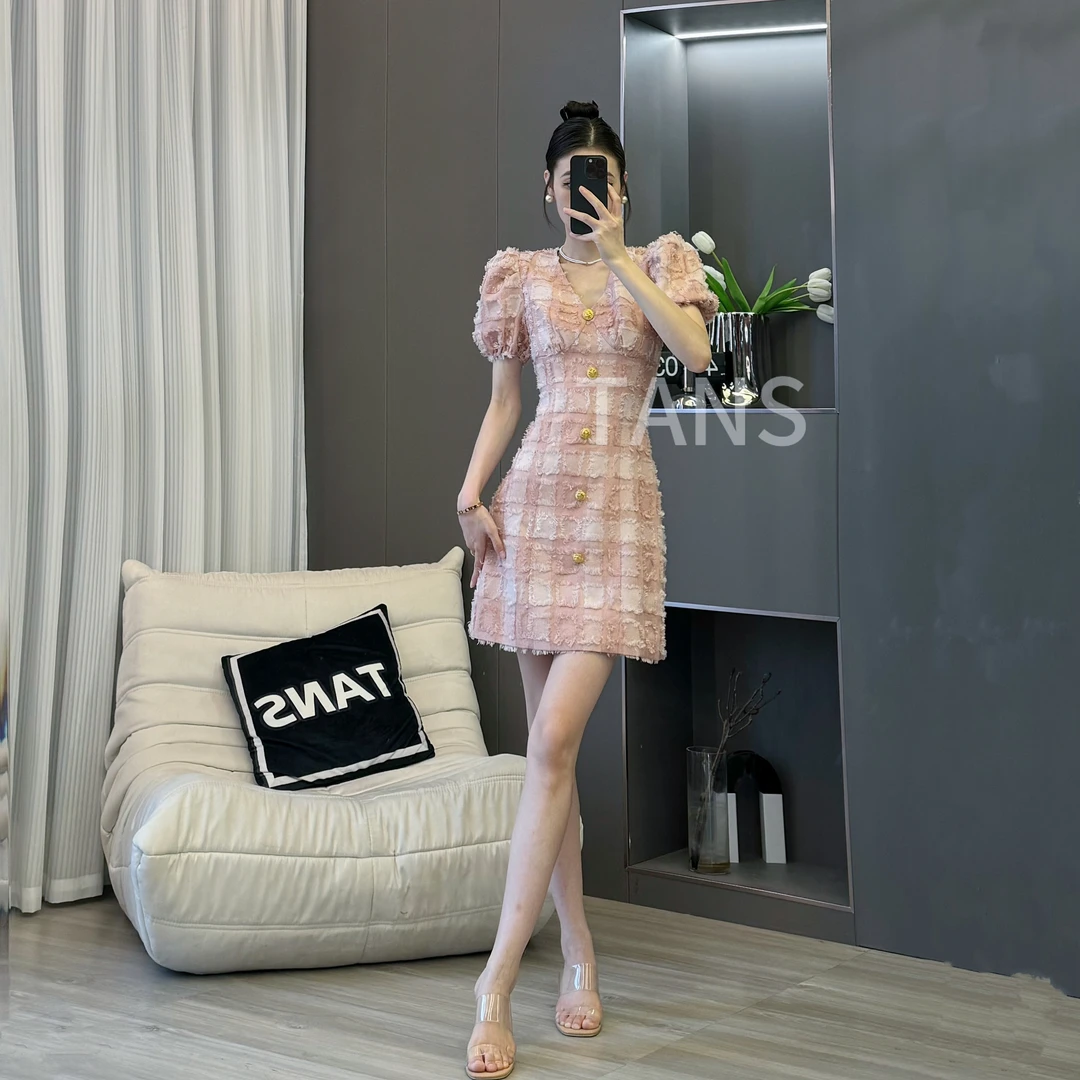 TANS【夏季新品】法式粉色连衣裙夏季小众设计收腰减龄短裙
