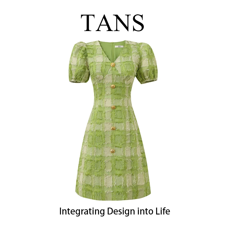 现货 TANS【夏季新品】法式绿色连衣裙方领小众设计收腰气质短裙