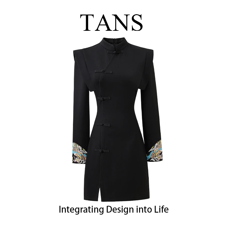 现货 TANS【秋季新品】新中式国风黑色连衣裙秋季设计收腰气质短裙