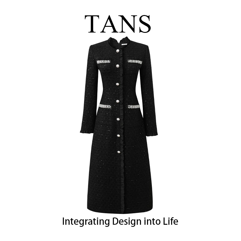 现货 TANS【春秋新品】黑色小香风气质针织轻奢粗花呢长款连衣裙