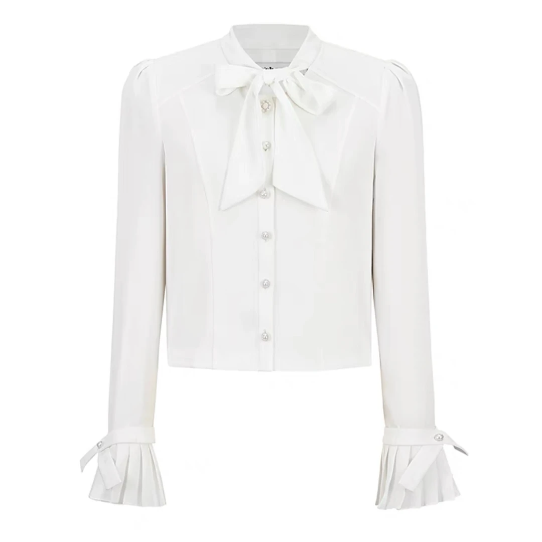 TANS【百搭打底】法式白色设计感系带上衣小众百搭气质衬衣