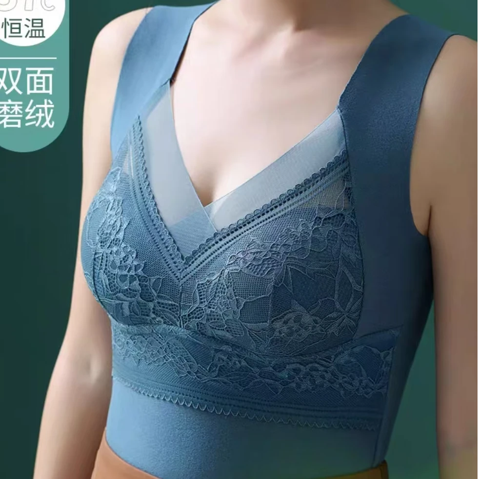 5956无痕双面德绒保暖内衣美背心女蕾丝固定胸垫打底内穿一体式