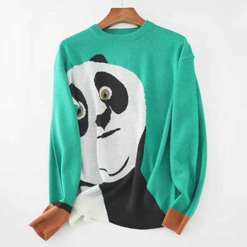 8948新款宽松圆领提花大熊猫针织女士套头宽松百搭毛衣打底衫