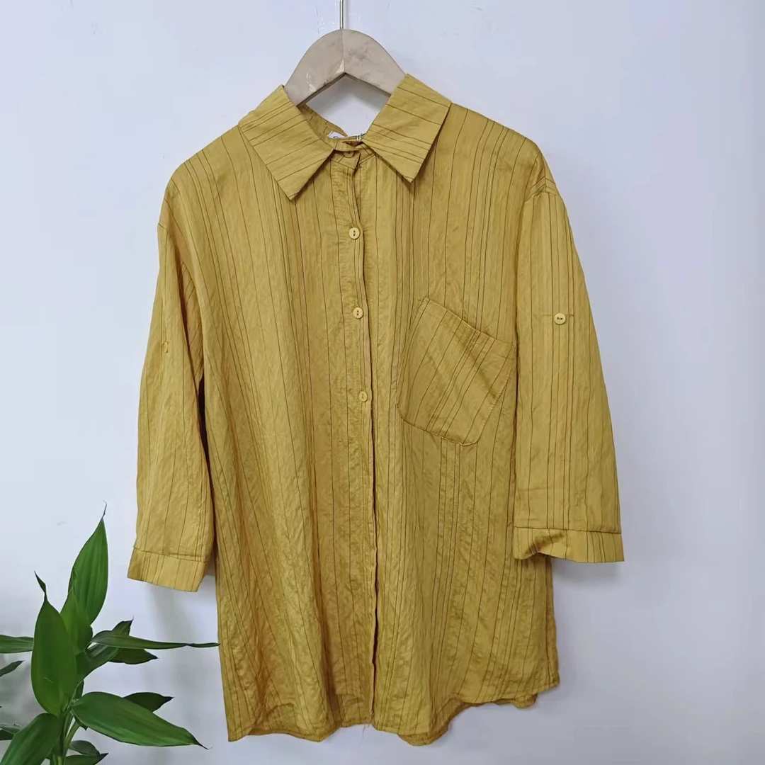 1965新款百搭条纹衬衫女短袖设计感上衣宽松显瘦大码七分袖衬衣