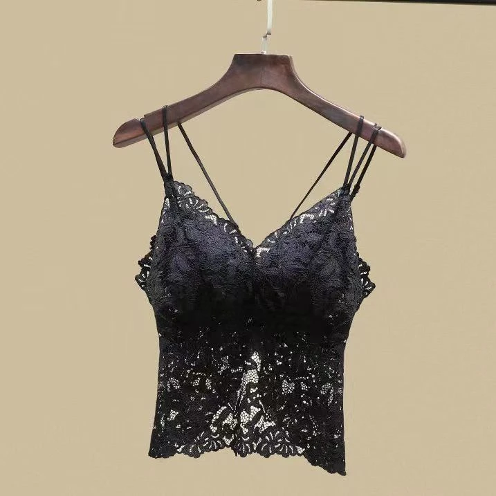 9942性感蝴蝶蕾丝吊带背心女胸垫免穿文胸外穿内搭款美背内衣
