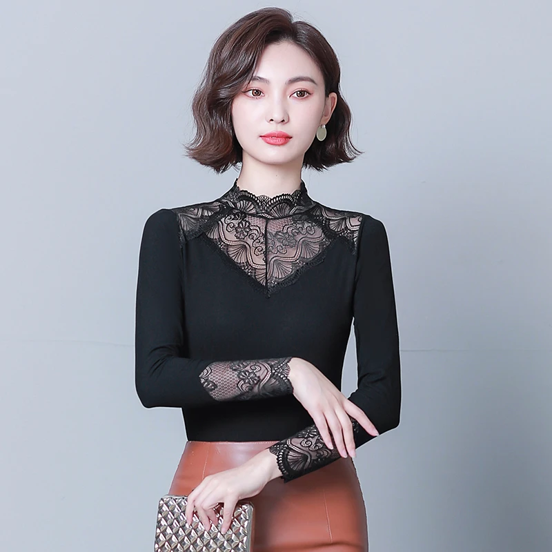 2025秋冬新款蕾丝简约打底衫高级感显瘦气质长袖拼接棉质弹力上衣