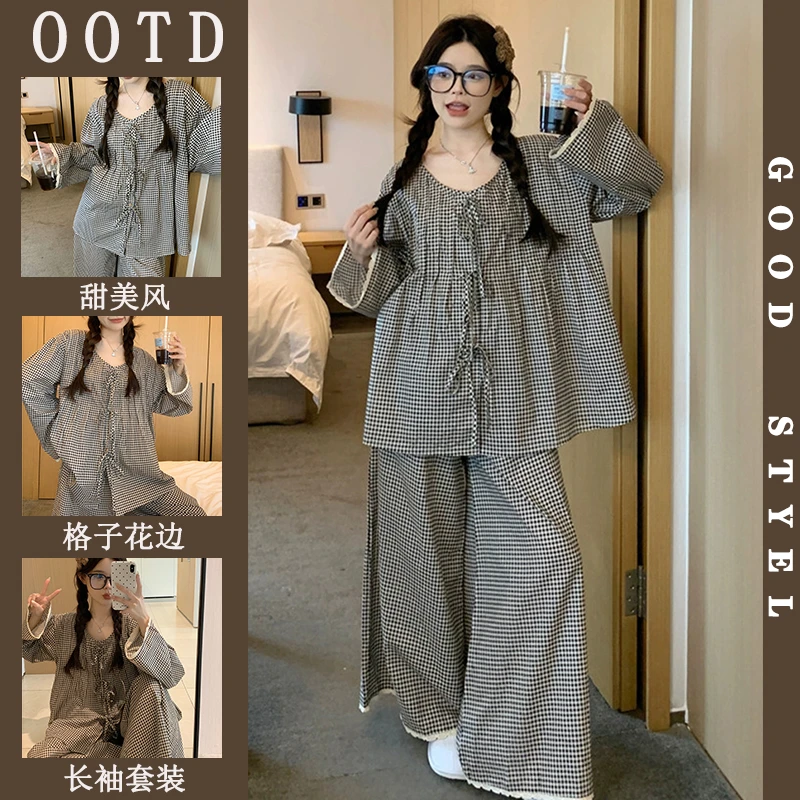 ins睡衣女春秋季新款简约格子花边蝴蝶结韩版宽松长袖家居服套装