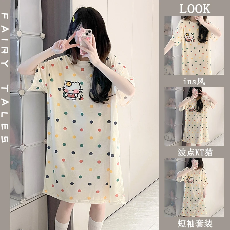 KT猫睡裙女夏季卡通可爱印花波点学生韩版宽松圆领短袖裙子家居服