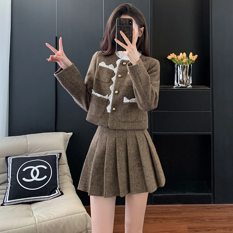 现货秋冬新款甜美减龄拼接时尚小香风百褶半身裙气质两件套