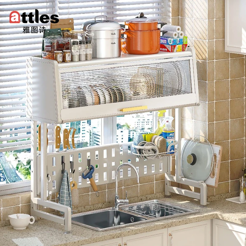雅图诗碗碟沥水架多功能家用厨房水槽架台面碗碟筷水杯带门碗碟柜