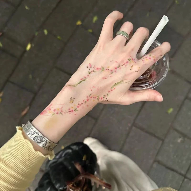 爆款桃花蝴蝶彩色纹身贴持久防水ins可爱酷潮少女手腕手背可水洗