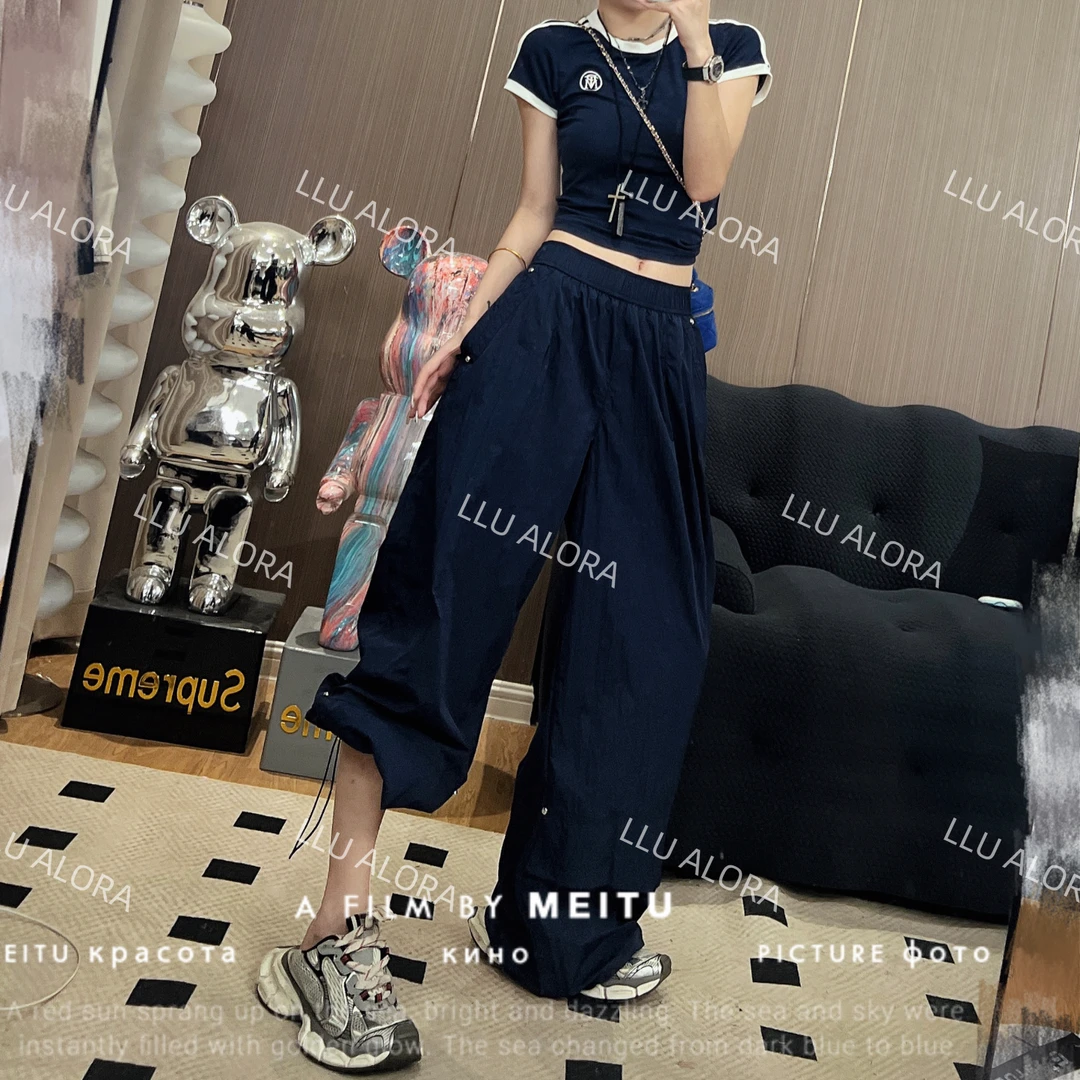 【LLU李】蓝色松紧腰宽松显瘦瘦版阔腿裤高腰显瘦休闲夏季 LLU-068