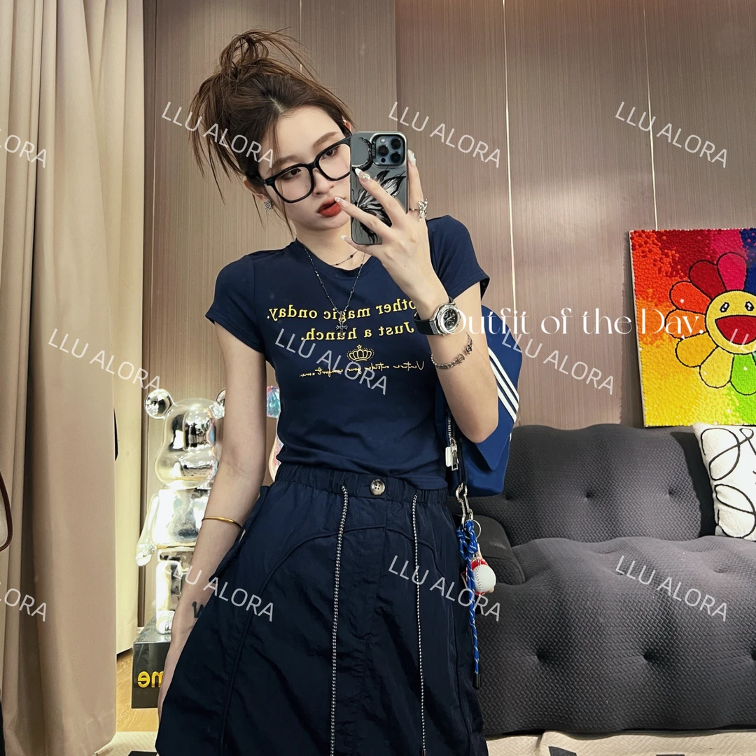 【LLU李】夏季新款薄t恤藏蓝色圆领短袖修身显瘦上衣 LLU-075