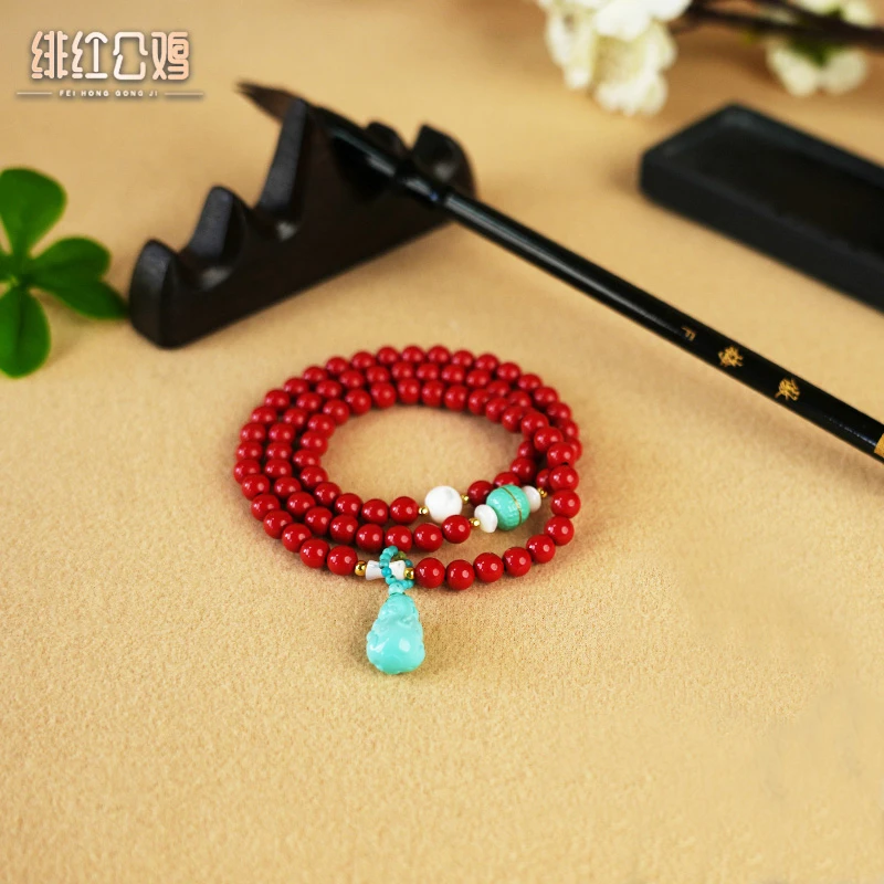 含辰砂工艺品国风貔貅原创设计朱砂天然三圈手串任我行时尚品质