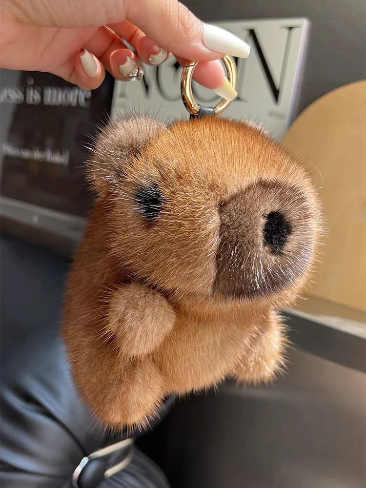可爱水貂毛卡皮巴拉汽车钥匙扣挂件高档毛绒公仔玩偶包包挂饰礼物
