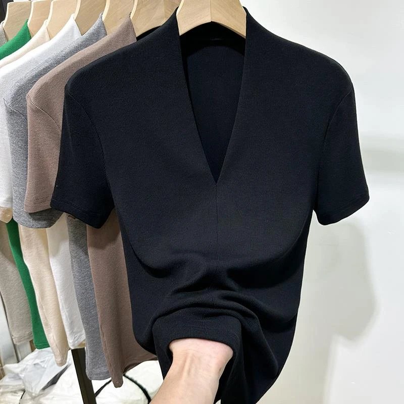 法式高级感螺纹V领短袖t恤女上衣2024春夏季新款修身内搭打底小衫