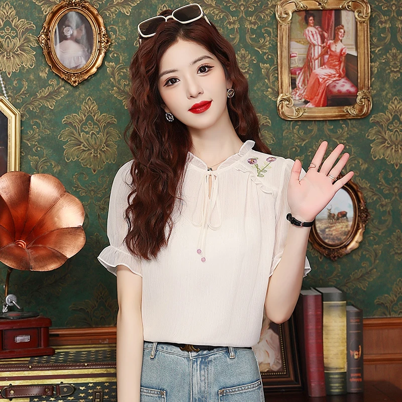 木耳领衬衫女短袖2024夏季新款气质上衣绣花时尚遮肚子洋气小衫