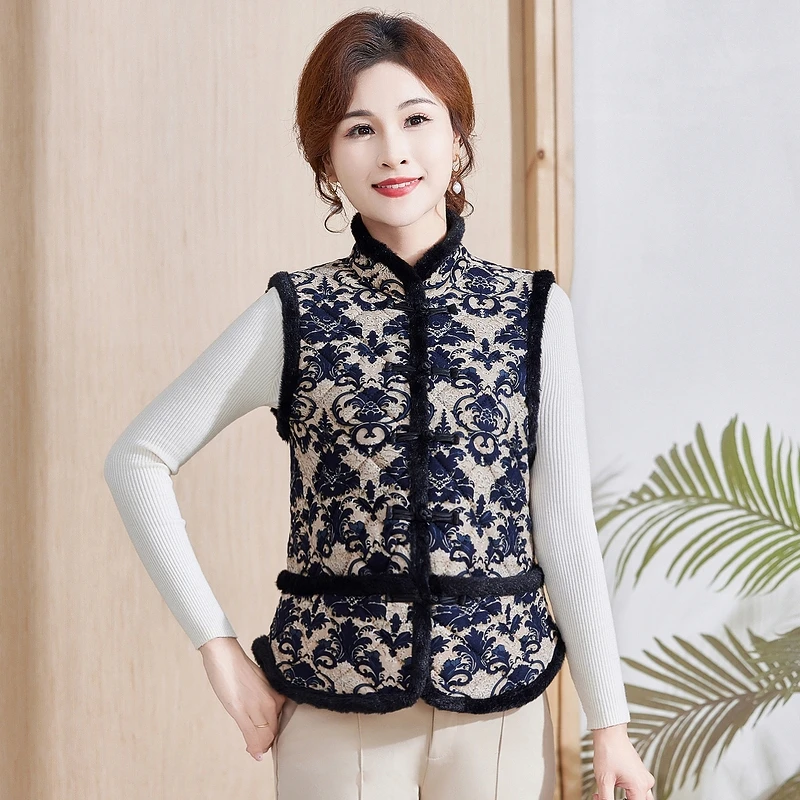 妈妈加绒盘扣中式加厚秋冬马甲外套新款保暖背心奶奶中老年坎肩