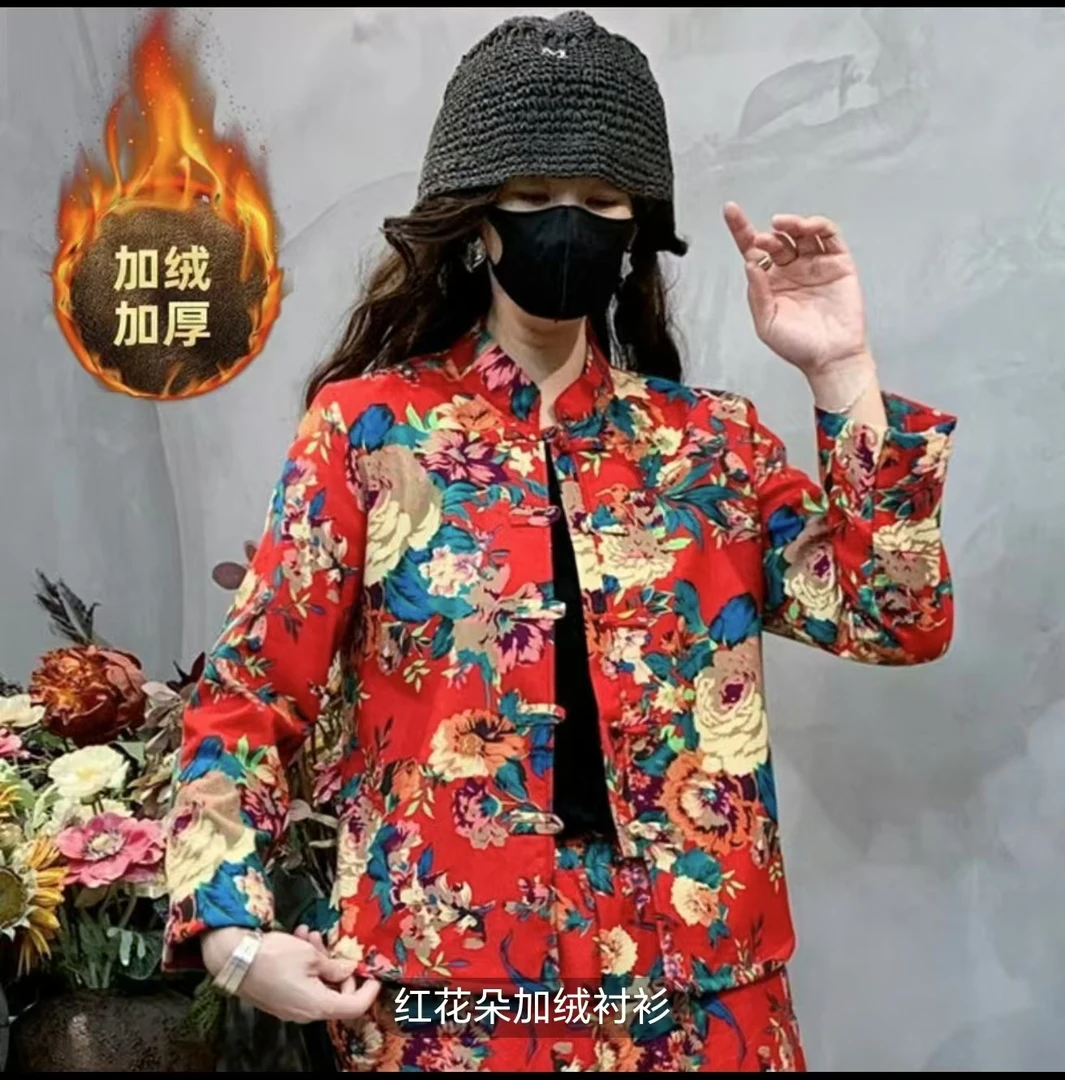 新款爆款复古东北大花棉盘扣加绒民族风中式唐装衬衫外套女装