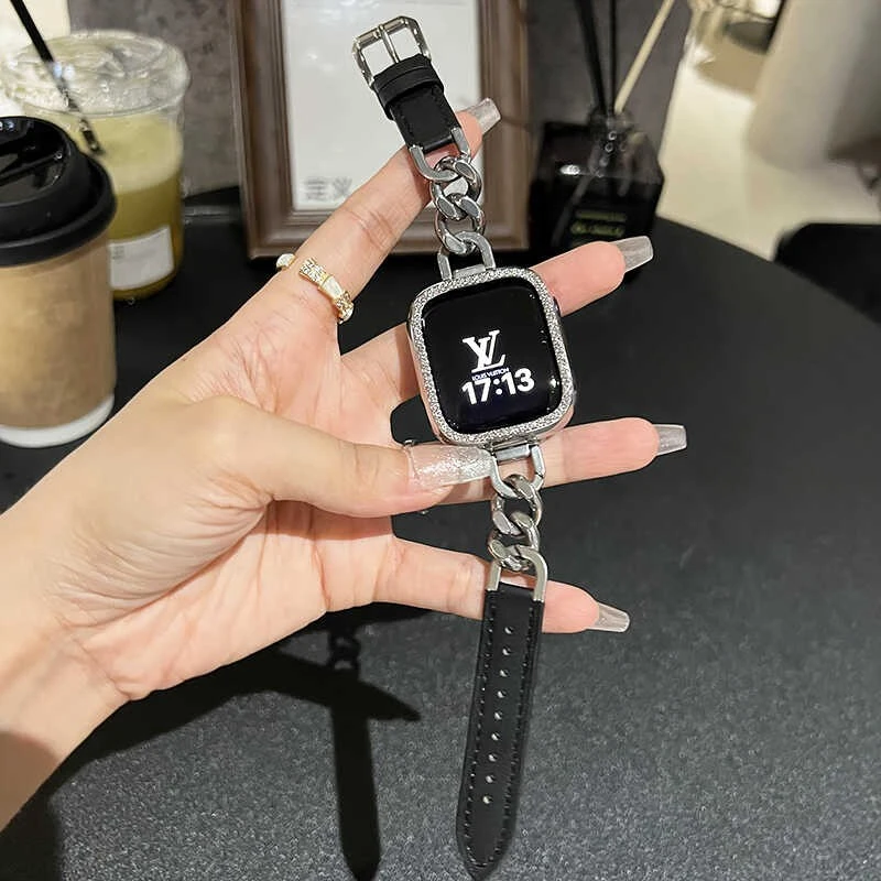 金属链条拼接高级真皮表带适用s11applewatch10代苹果手表SE2789