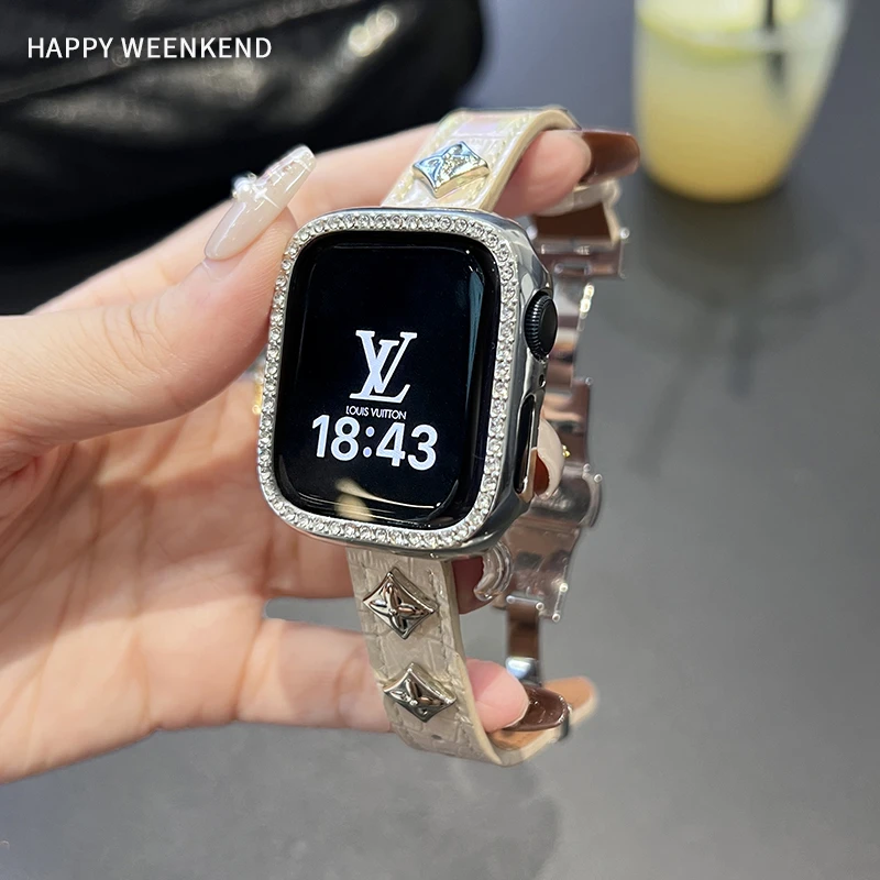 真皮高级感Y2K铆钉表带蝴蝶扣腕带适用applewatchS11苹果手表带女