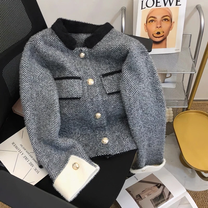 秋冬针织毛衣小香风粉紫色上衣短款小立领外套女毛衣洋气时尚百搭