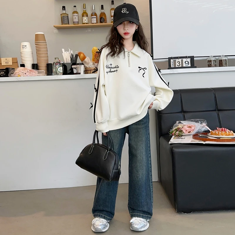 女童秋冬套装2025新款中大童洋气Polo领上衣直筒裤休闲韩版两件套