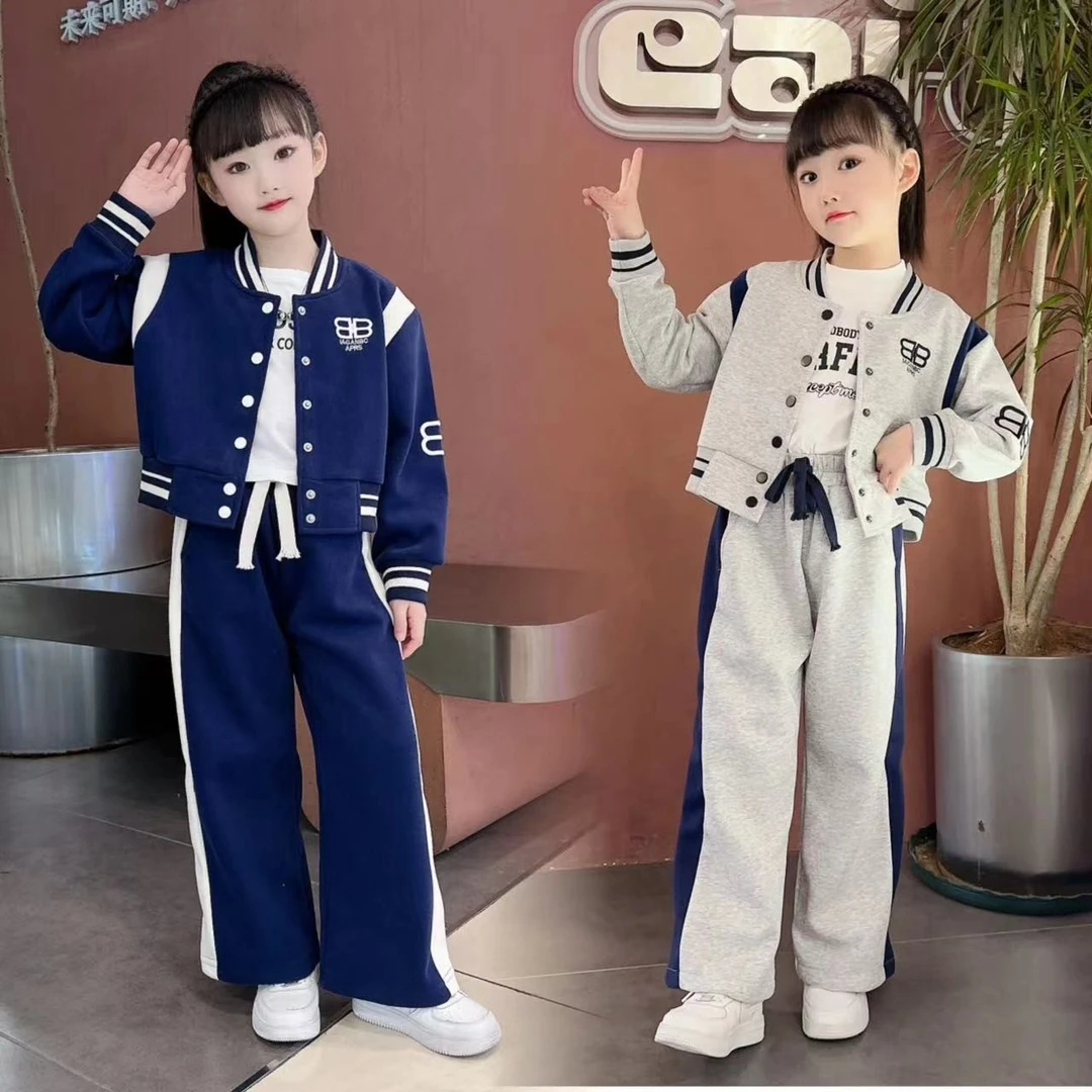 女童秋春季2025新品中童时尚休闲韩范阔腿裤儿童棒球服运动两件套
